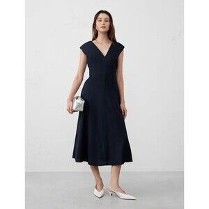 New Banana Republic Navy Tie Waist Linen Blend Fit & Flare Midi Dress 10 Petite